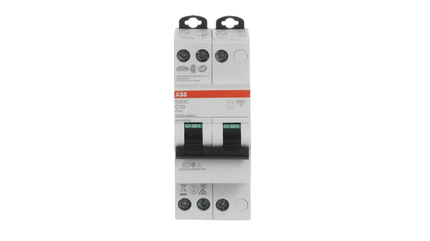 ABB S200C MCB, 3P, 10A Curve C, 415V AC, 6 kA Breaking Capacity