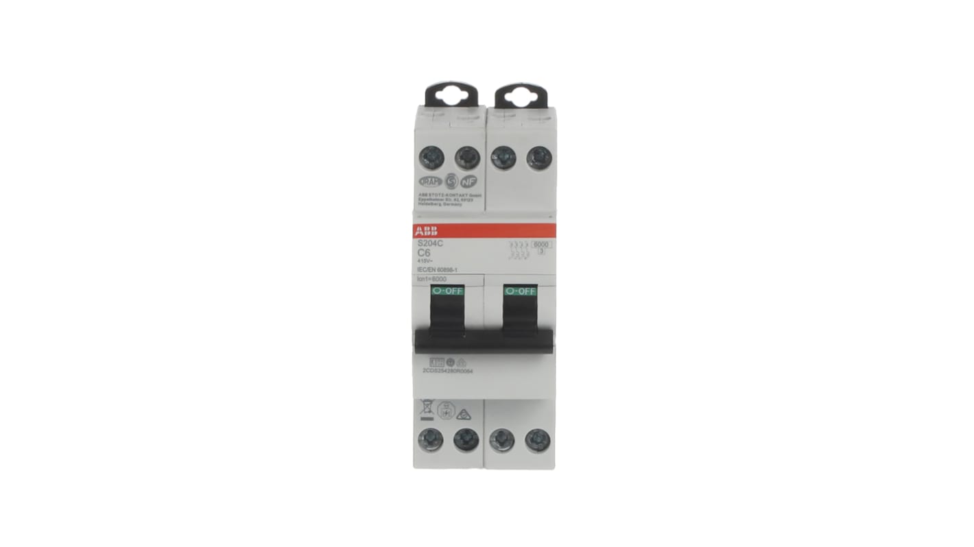ABB S200C MCB, 4P, 6A Curve C, 415V AC, 6 kA Breaking Capacity