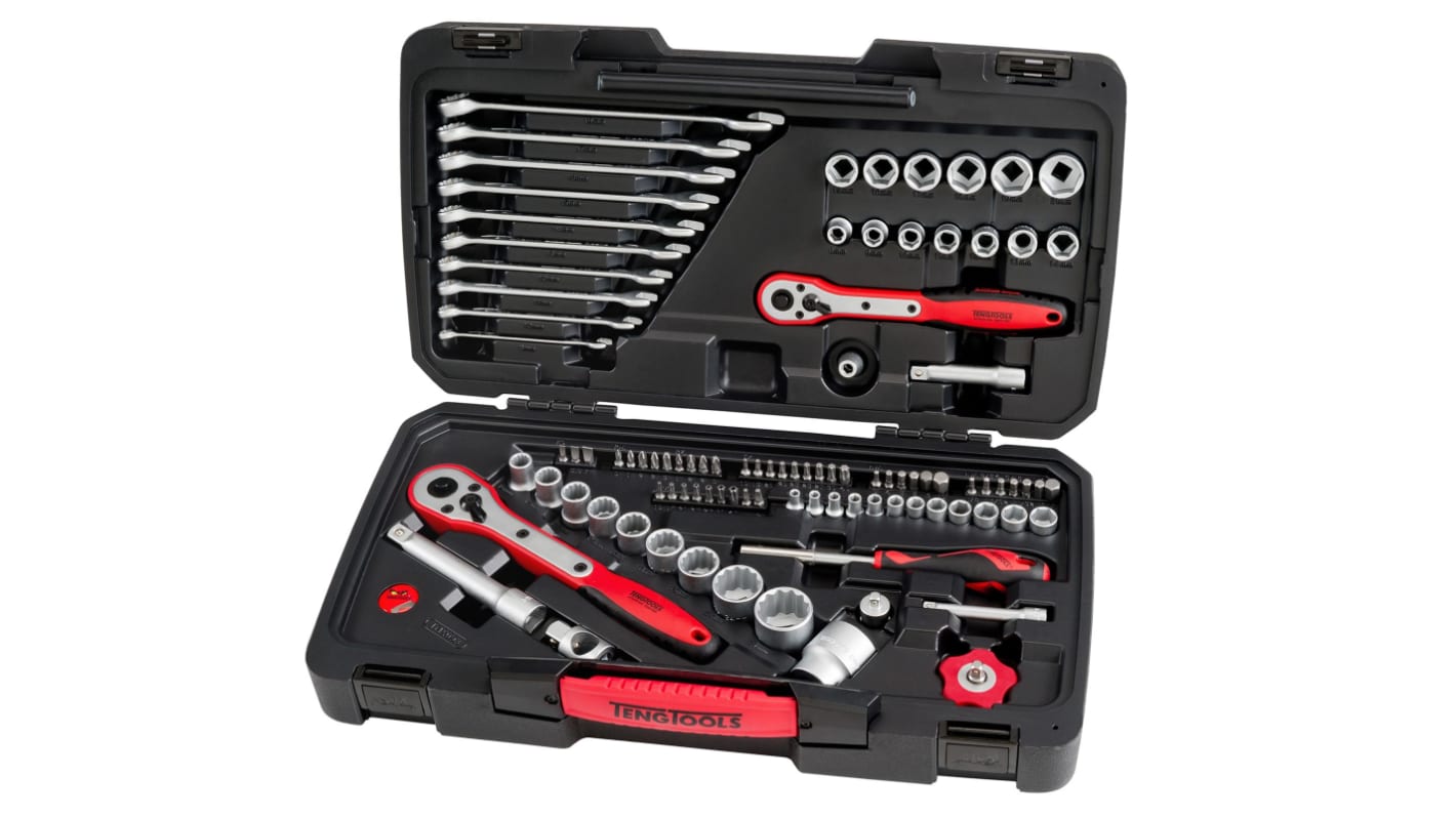 Teng Tools 98-Piece Metric 1/2 in; 1/4 in; 3/8 in Standard Socket/Spanner/Bit Set with Ratchet, 6 point; 12 point; Hex