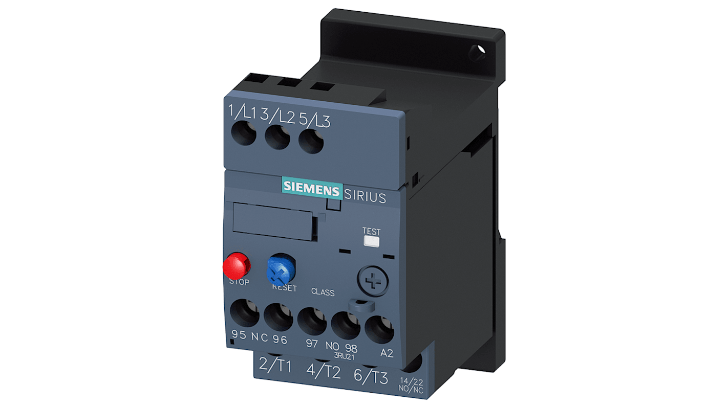 Siemens SIRIUS 3RU2 Thermal Overload Relay, 6.3 A F.L.C, 6.3 A Contact Rating, 2.2 kW, 3 kW, 4 kW, 690 Vac, 3P, SIRIUS