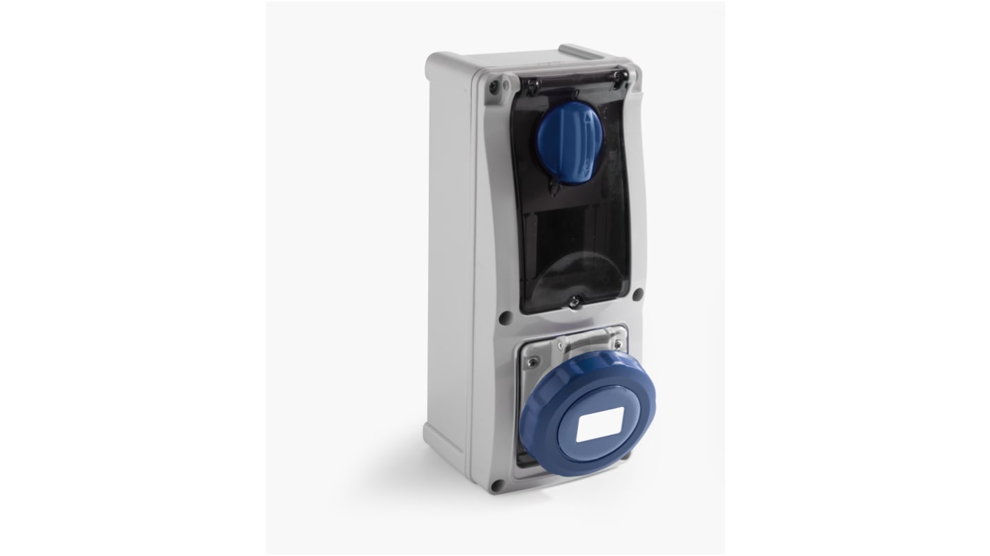 RS PRO IP67 Blue Surface Mount 2P + E Vertical Industrial Power Socket, Rated At 32A, 230 V