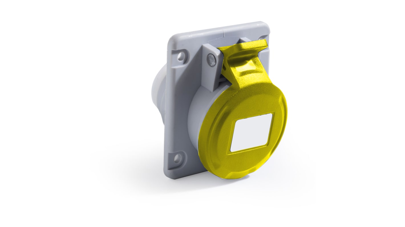 RS PRO IP44 Yellow Panel Mount 2P + E Angled Industrial Power Socket, Rated At 16A, 100 → 130 V