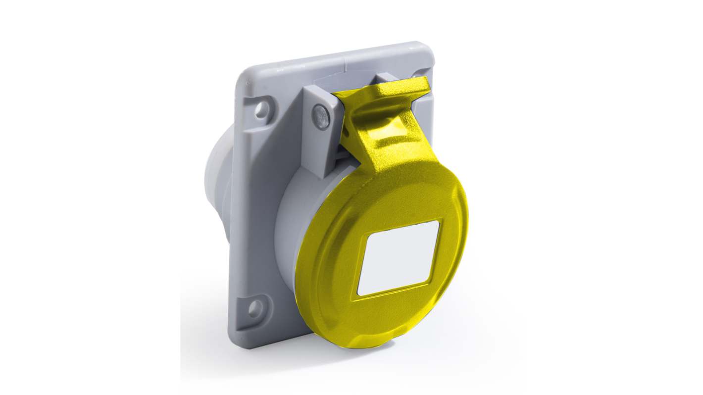 RS PRO IP44 Yellow Panel Mount 2P + E Angled Industrial Power Socket, Rated At 32A, 100 → 130 V
