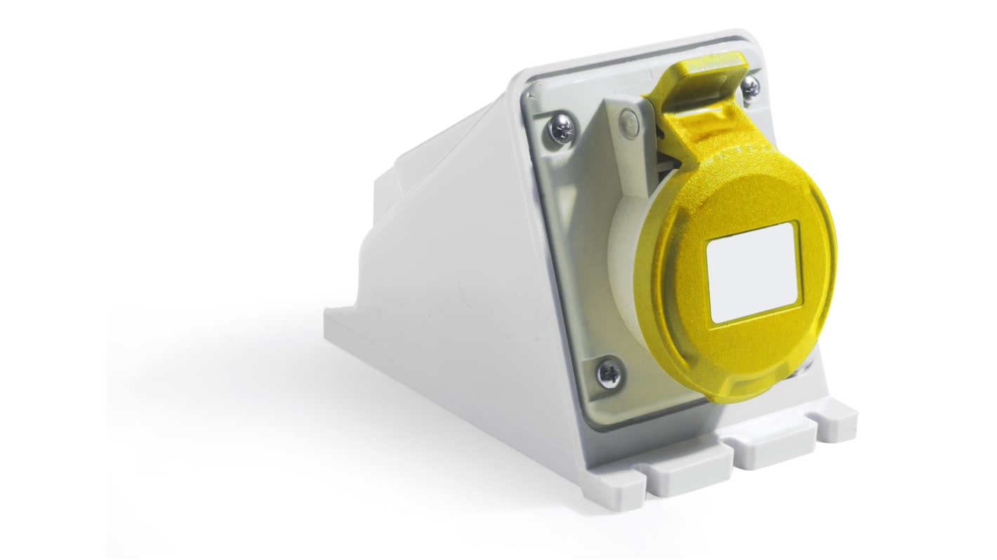 RS PRO IP44 Yellow Wall Mount 2P + E Industrial Power Socket, Rated At 16A, 100 → 130 V