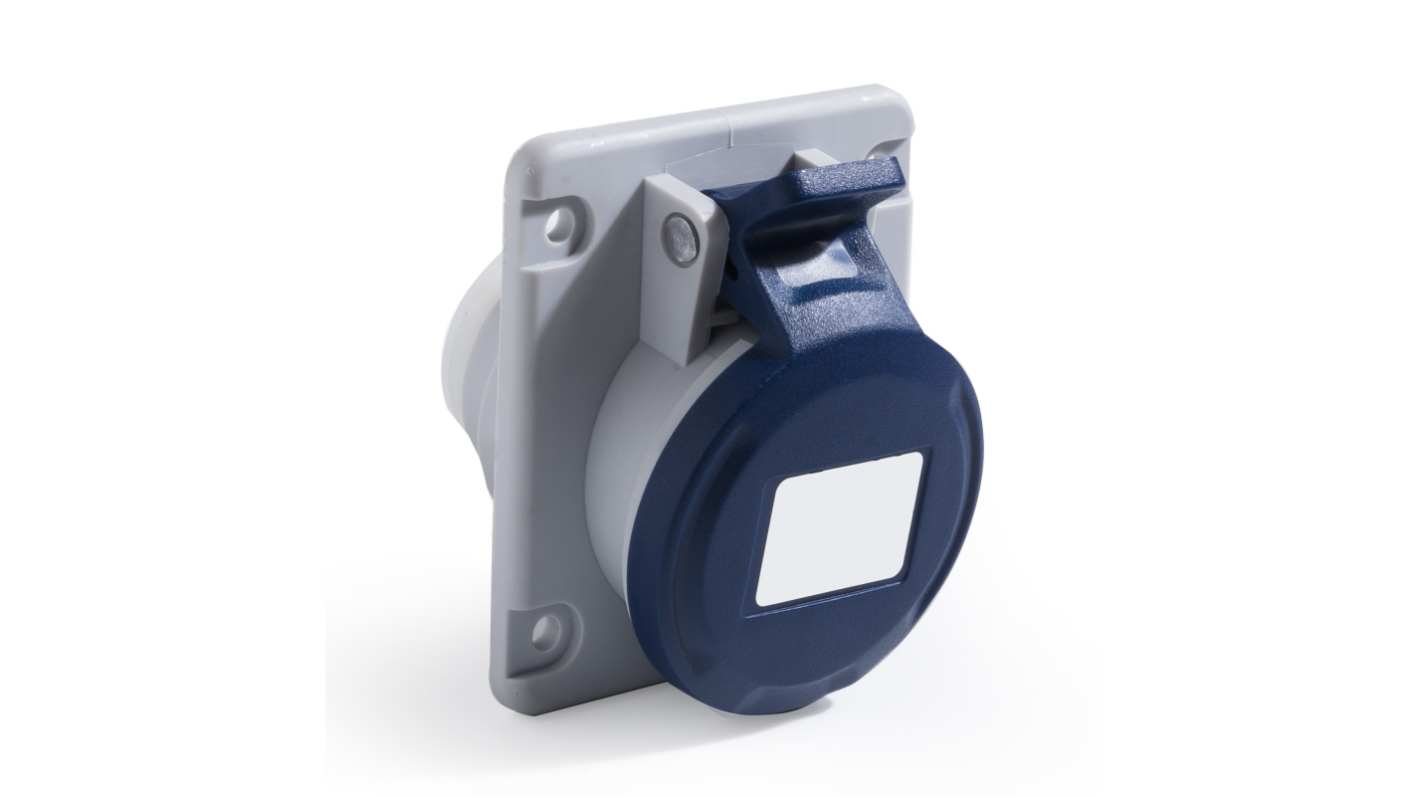Conector de potencia industrial, Formato 2P + E, Orientación En Ángulo, Azul, 200 → 250 V., 16A, IP44