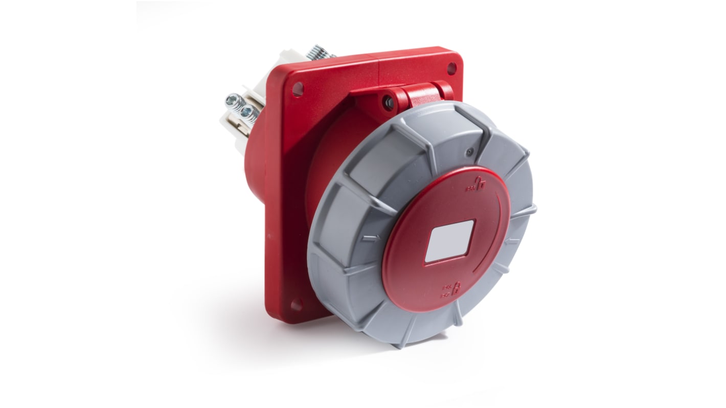 RS PRO IP67 Red Panel Mount 3P + N + E Angled Industrial Power Socket, Rated At 125A, 380 → 415 V