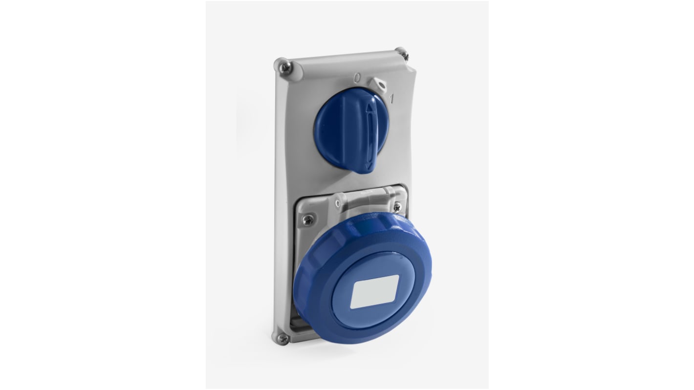 RS PRO IP67 Blue Panel Mount 2P + E Vertical Industrial Power Socket, Rated At 16A, 230 V