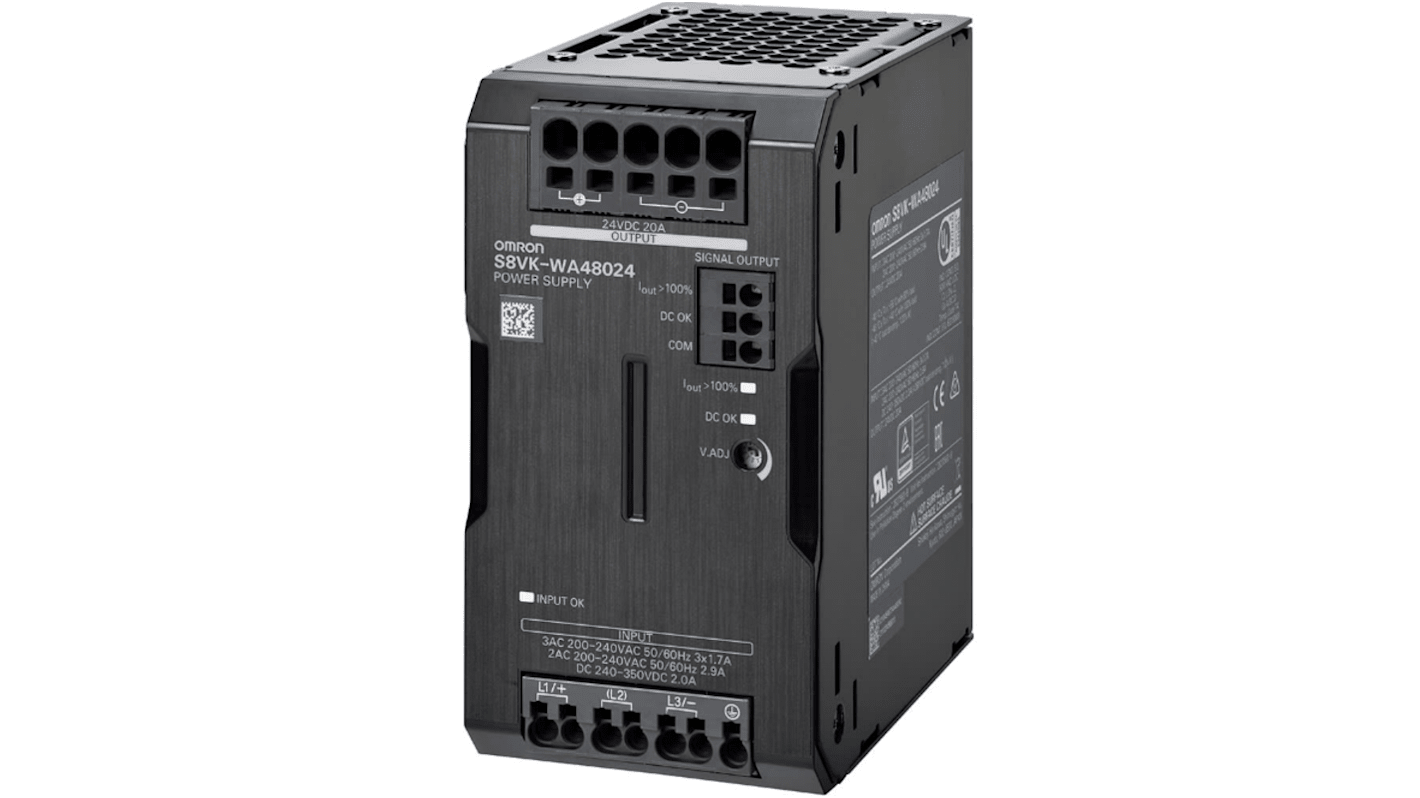 Alimentatore a montaggio su guida DIN Omron, 24V cc, 20A, 380 → 480V ca