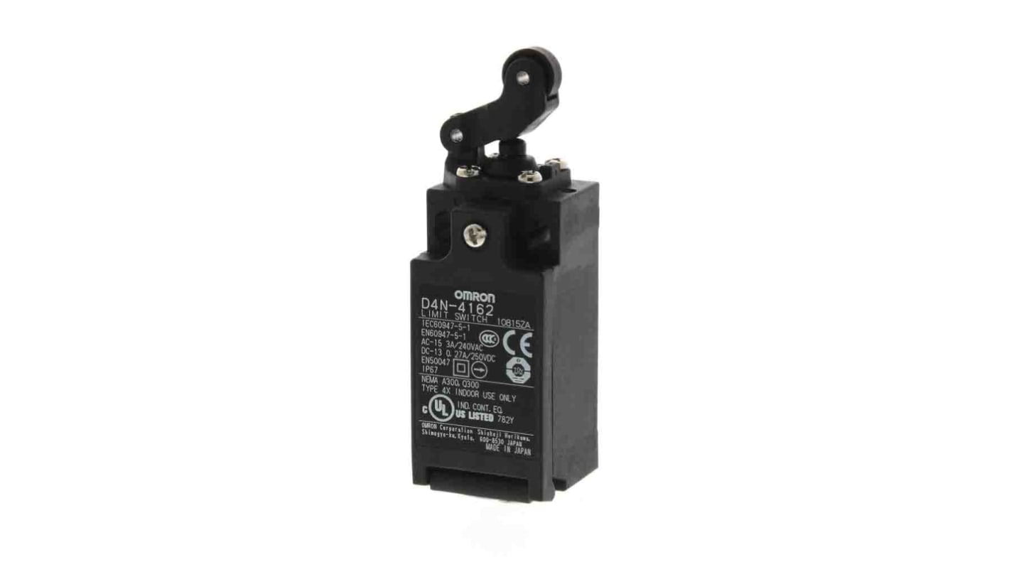Omron D4N Series Roller Lever Safety Limit Switch, 2NC, IP67, DPST, Metal Housing, 240V ac Max, 10A Max