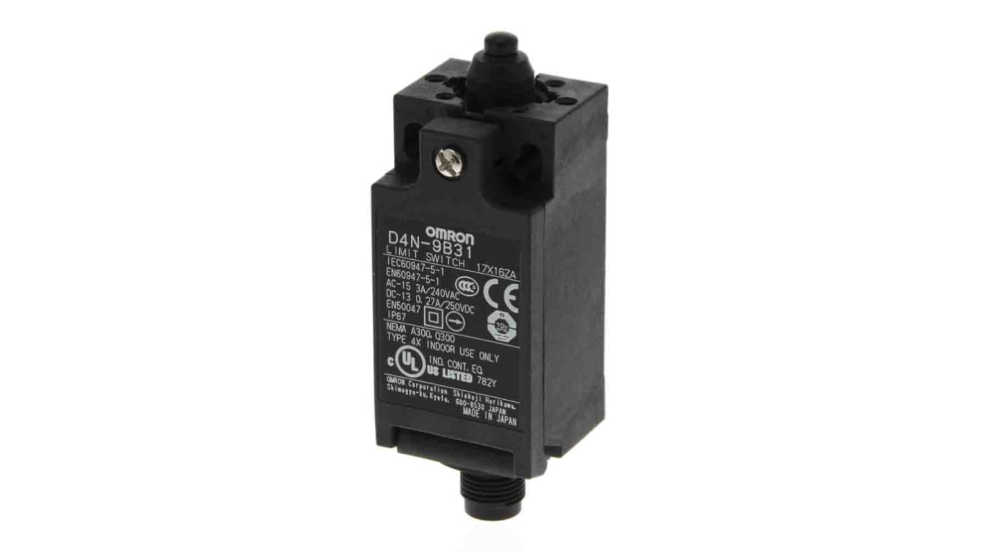 Omron D4N Series Plunger Limit Switch, 2NC/1NO, IP67, DPST, Metal Housing, 240V ac Max, 10A Max