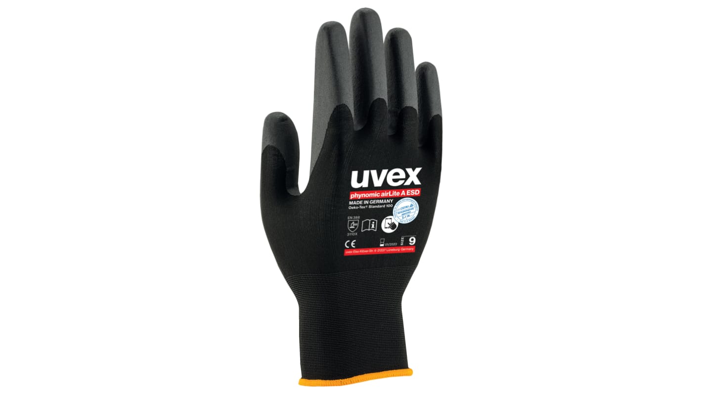 Uvex Antistatische Handschuhe, Größe 10, ESD-Sicherheit, Elastan, Polyamid Schwarz 1Paar Stk.