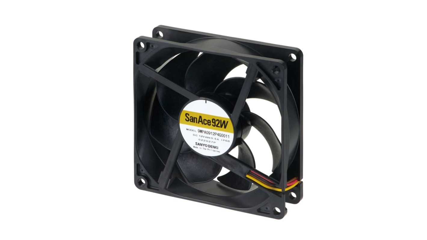 Sanyo Denki Axial Fan, 12 V dc, DC Operation, 86.5cfm, 6W, 500mA Max, IP68, 92 x 92 x 25mm