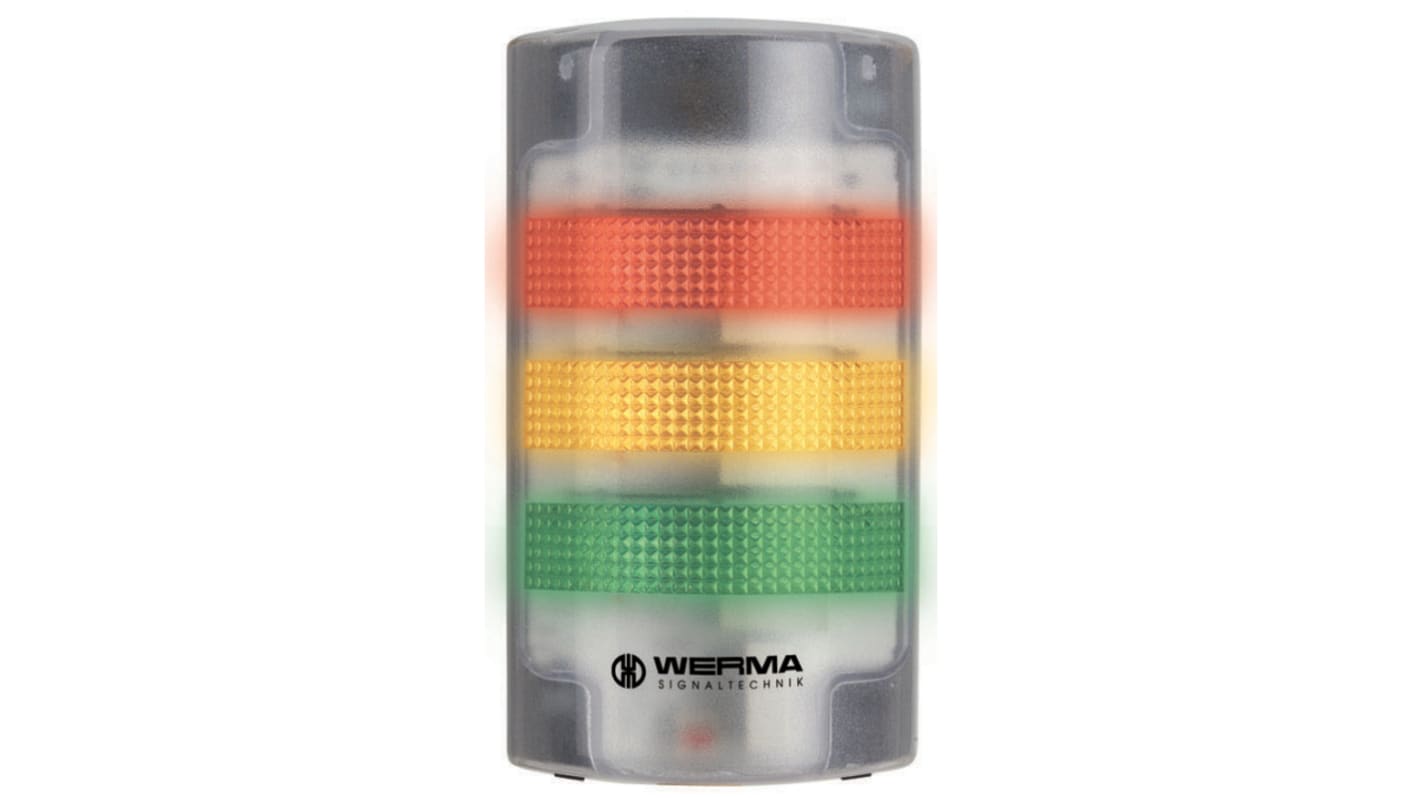 Werma FlatSIGN LED Signalturm 3-stufig Linse Rot/Grün/Gelb LED Rot/Gelb/Grün + Summer Rotes Blinken, Dauerzustand 195mm