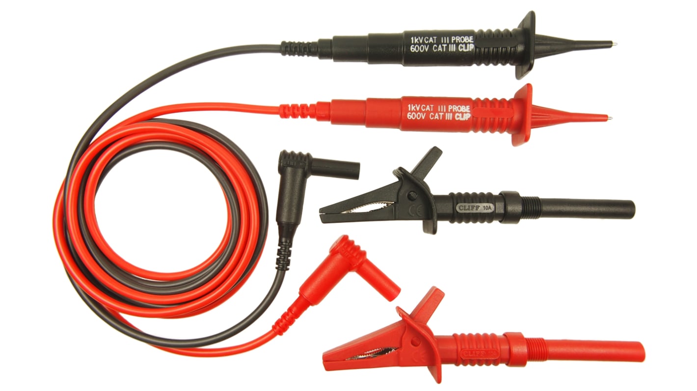 RS PRO Test Lead & Connector Kit With 1 Black Lead Assembly, 1 Red Lead Assembly, 1 x Black Screw-Fit Crocodile Clip, 1