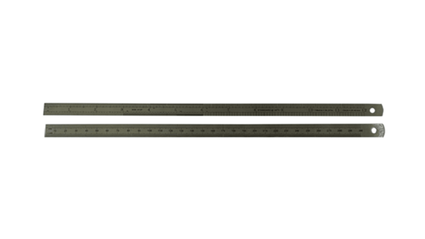 Linijka, Jednostki brytyjskie, Jednostki metryczne, 12 in, 300 mm, Polerowane, Stal