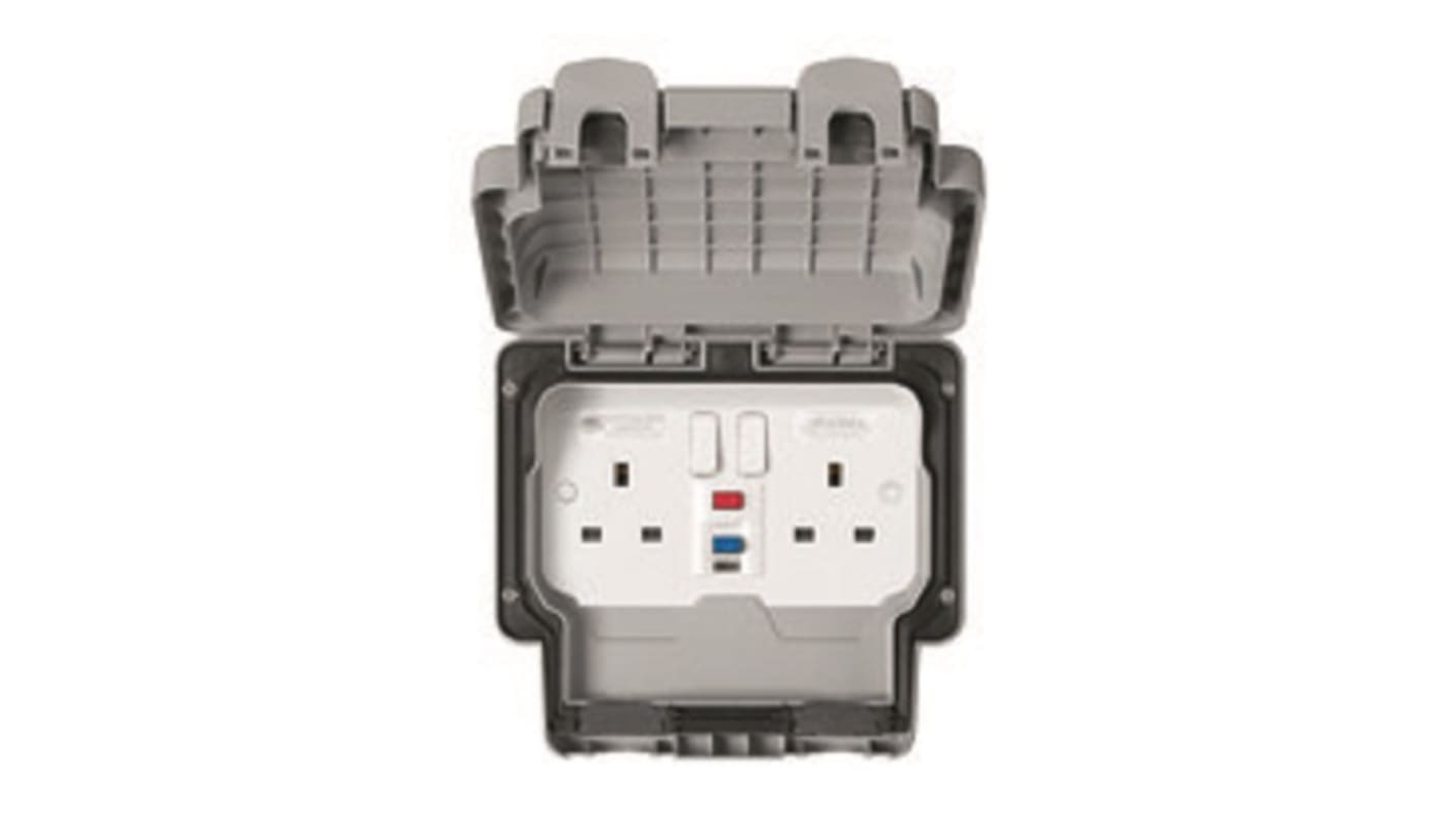 Conector hembra RCD MK Electric 2 módulos, 240 V, 30mA, IP66, para uso exterior con interruptor, Policarbonato de color