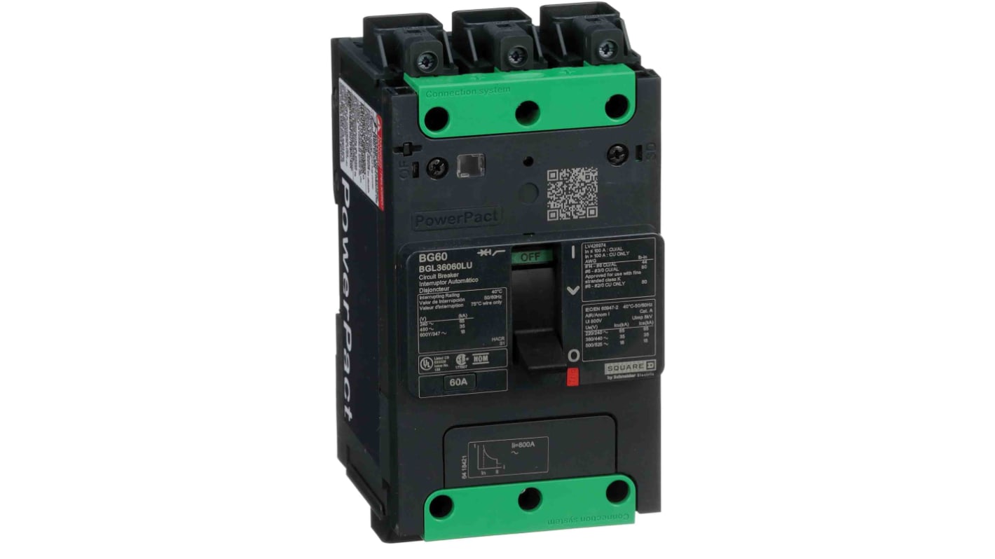 Schneider Electric, PowerPact MCCB 3P 60A, Breaking Capacity 18 kA, Fixed Mount