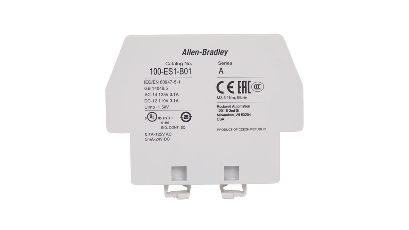 Allen Bradley Auxiliary Contact, 1 Contact, 1NC, Side Mount, Allen-Bradley 100-ES1-BO1