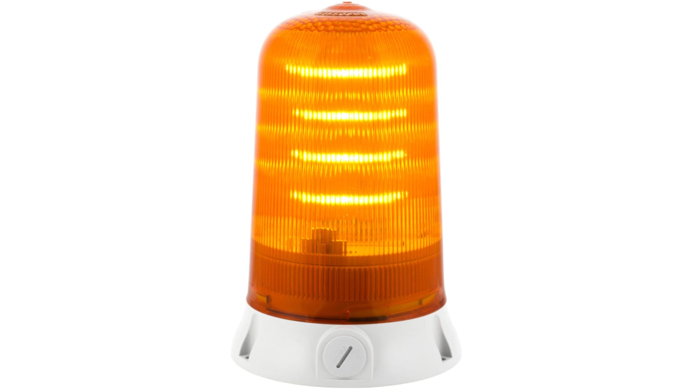 RS PRO 琥珀色闪光LED警示灯, 白色外壳, 90 → 240 v, Φ142mm底座, 底座安装, IP65