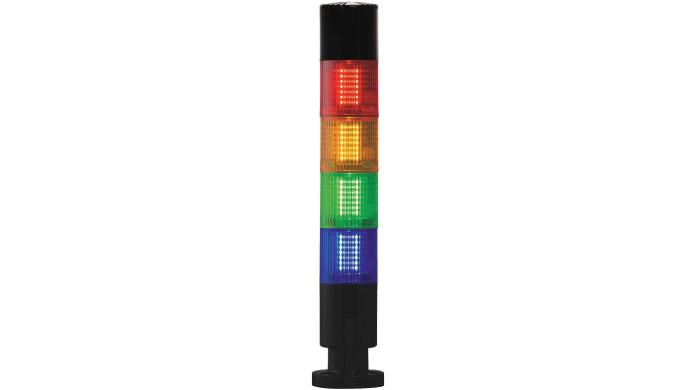 Columna de señalización RS PRO, LED, con 4 elementos Rojo/Verde/Ámbar/Azul, 72dB @ 1 m, 24 V