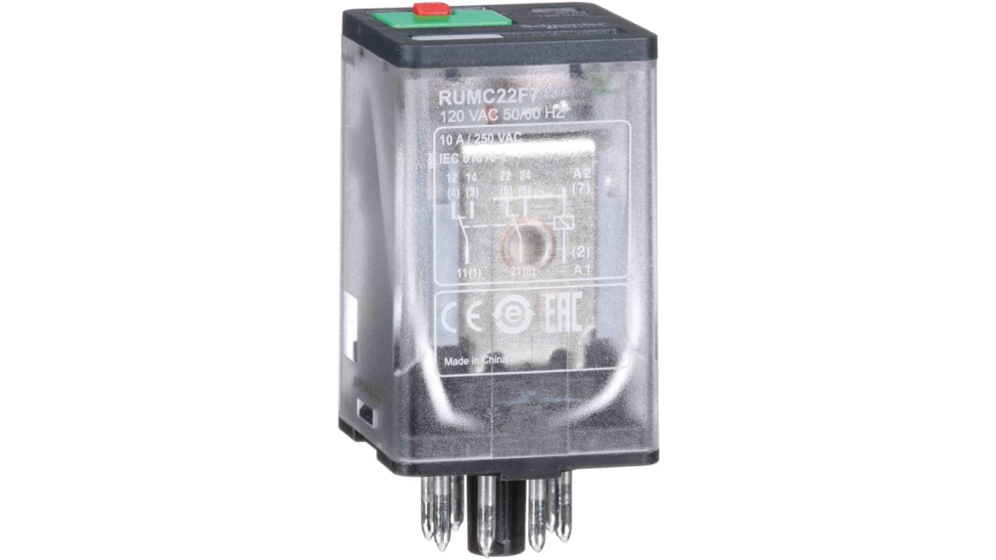 Schneider Electric Plug In Power Relay, 120V ac Coil, 10A Switching Current, DPDT
