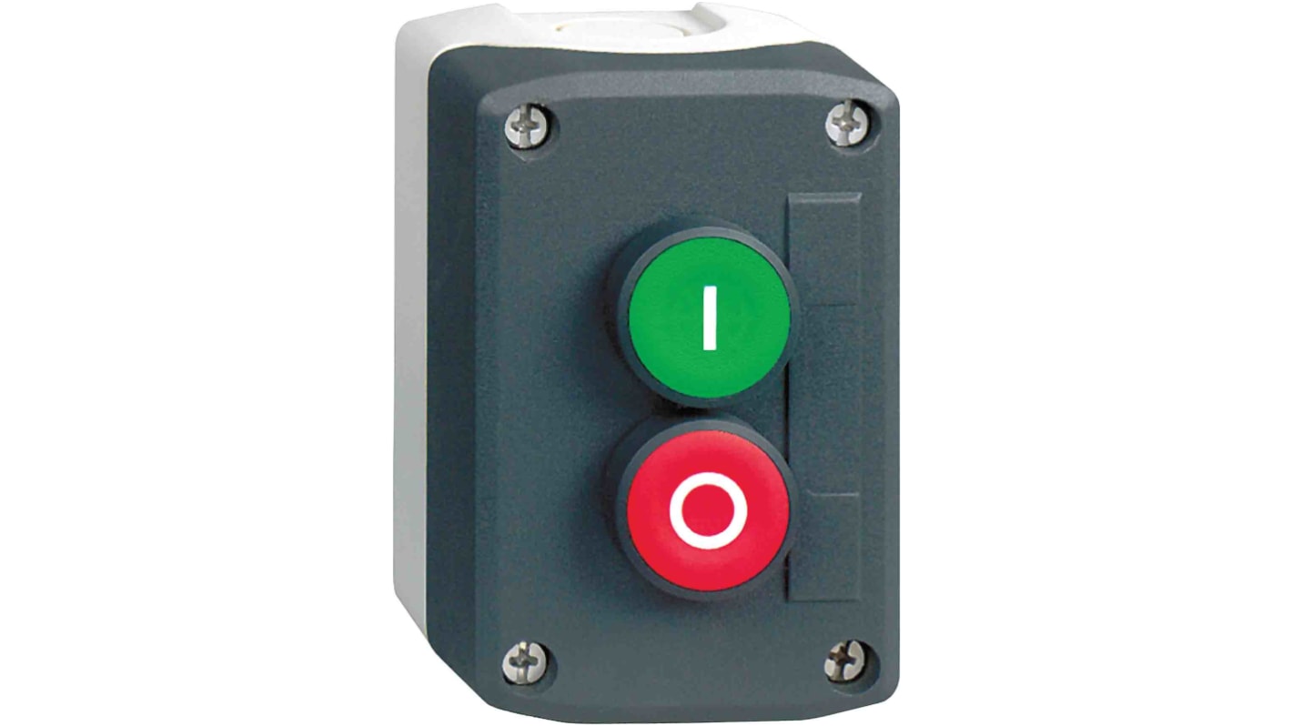 Schneider Electric Spring Return Push Button Control Station, Polycarbonate, Green, Red, I, O, IP67, IP69, IP69K