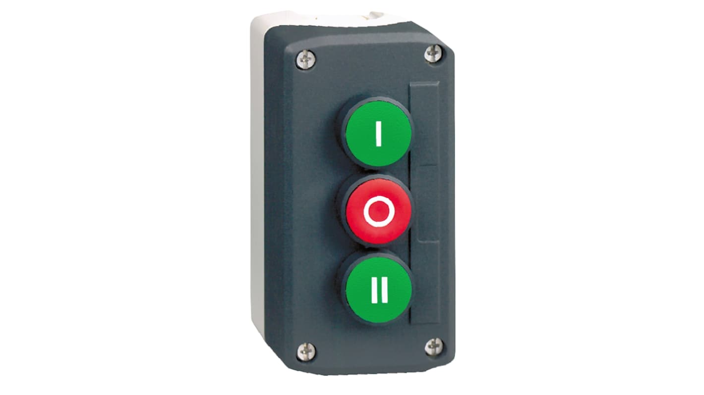 Schneider Electric Spring Return Push Button Control Station - 1 NC+2NC, Polycarbonate, 3 Cutouts, Green, Red, I/O/II,