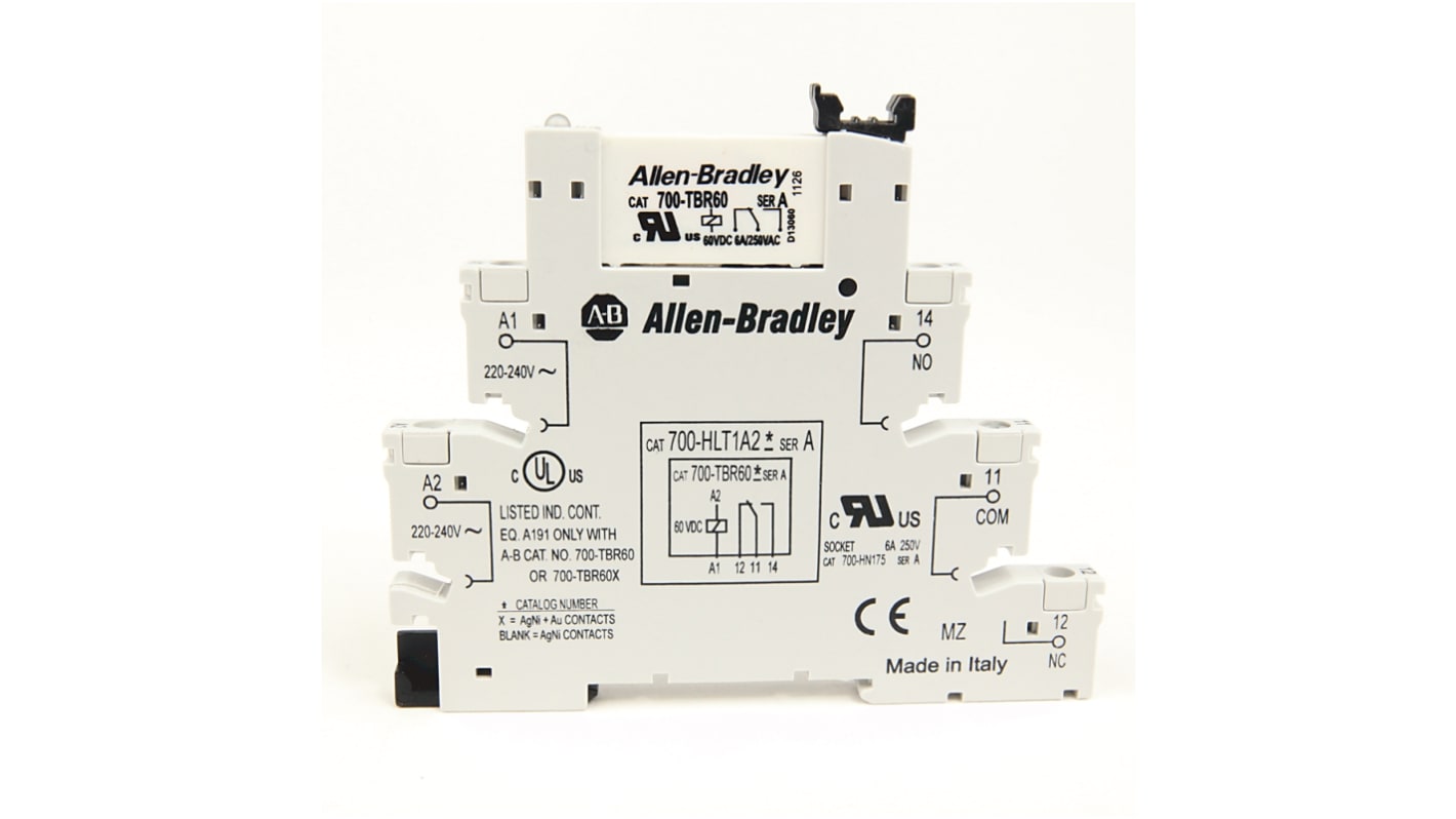 Allen Bradley 700-HLT Series Interface Relay Module, DIN Rail Mount, 220 → 240V ac/dc Coil, SPDT, 6A Load