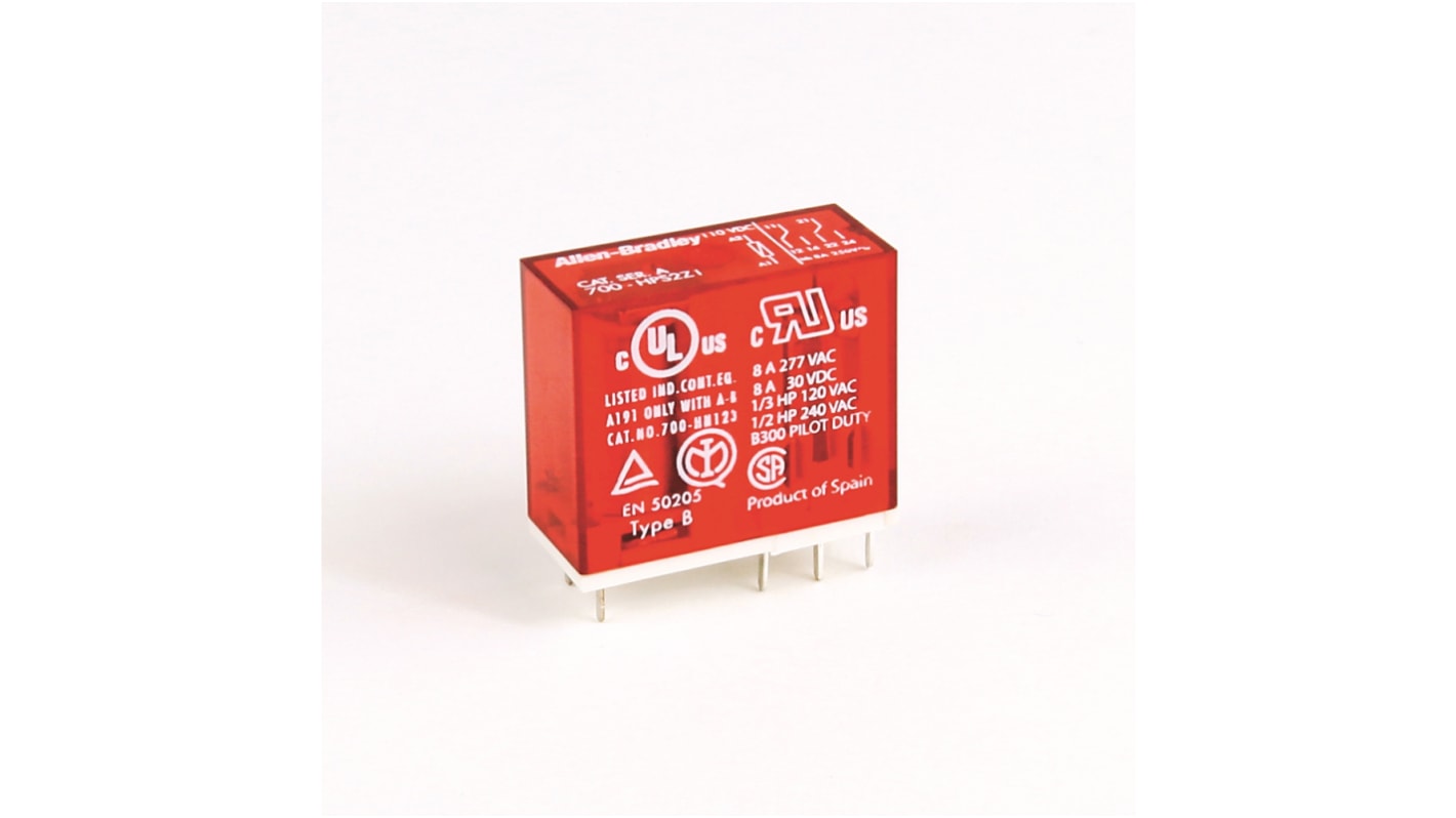Allen Bradley Plug In Power Relay, 110V dc Coil, 8A Switching Current, DPDT