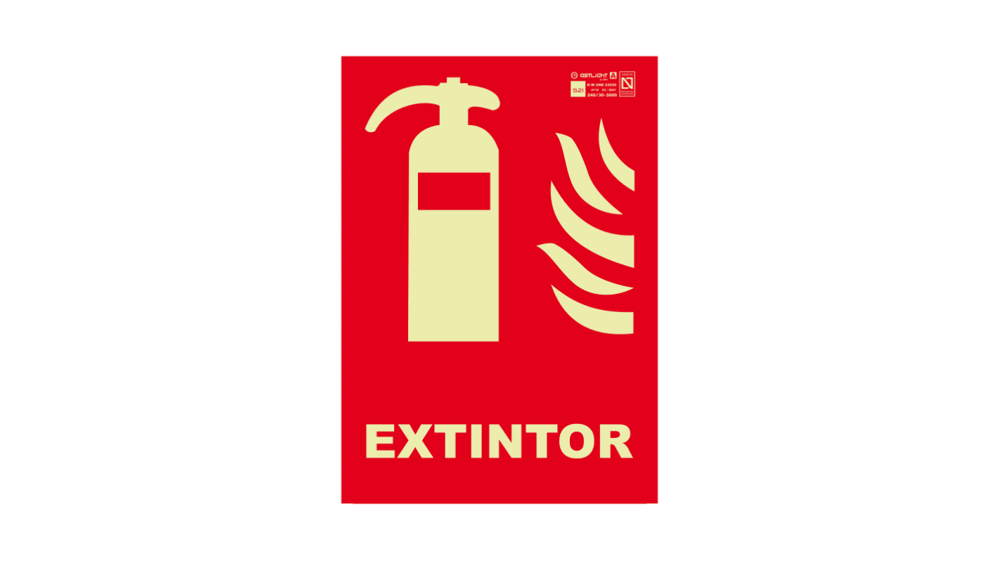 Señal de protección contra incendios, con pictograma: Extintor contra Incendios, texto en Español : EXTINTOR, 210mm x
