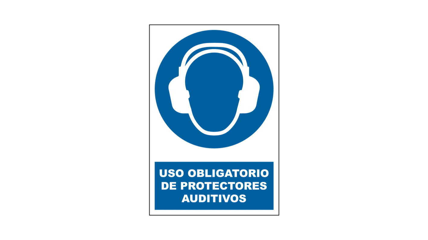 Señal de obligación con pictograma: Protección Auditiva, texto en Español, autoadhesivo, 170mm x 250 mm