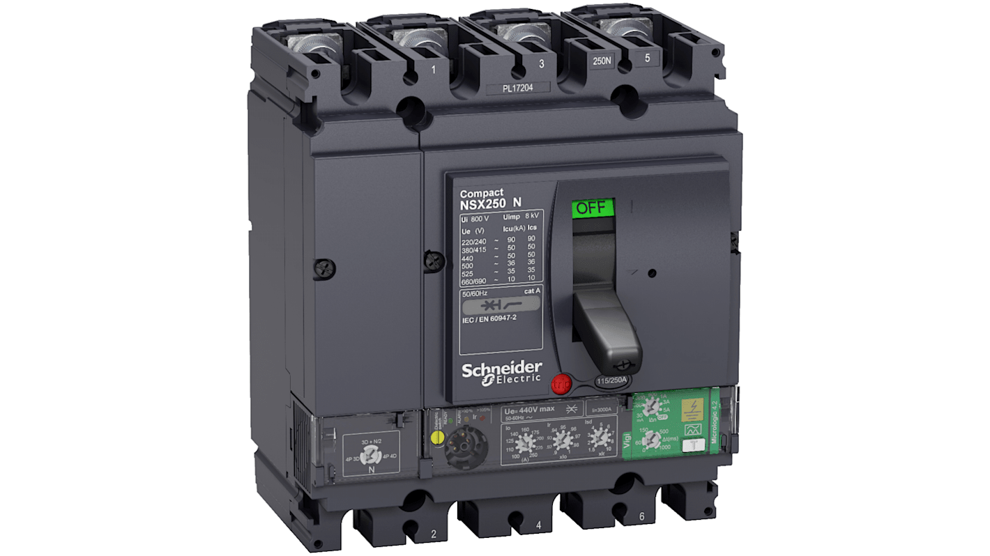 Disjoncteur Schneider Electric Compact 4 pôles, 250A, montage fixe