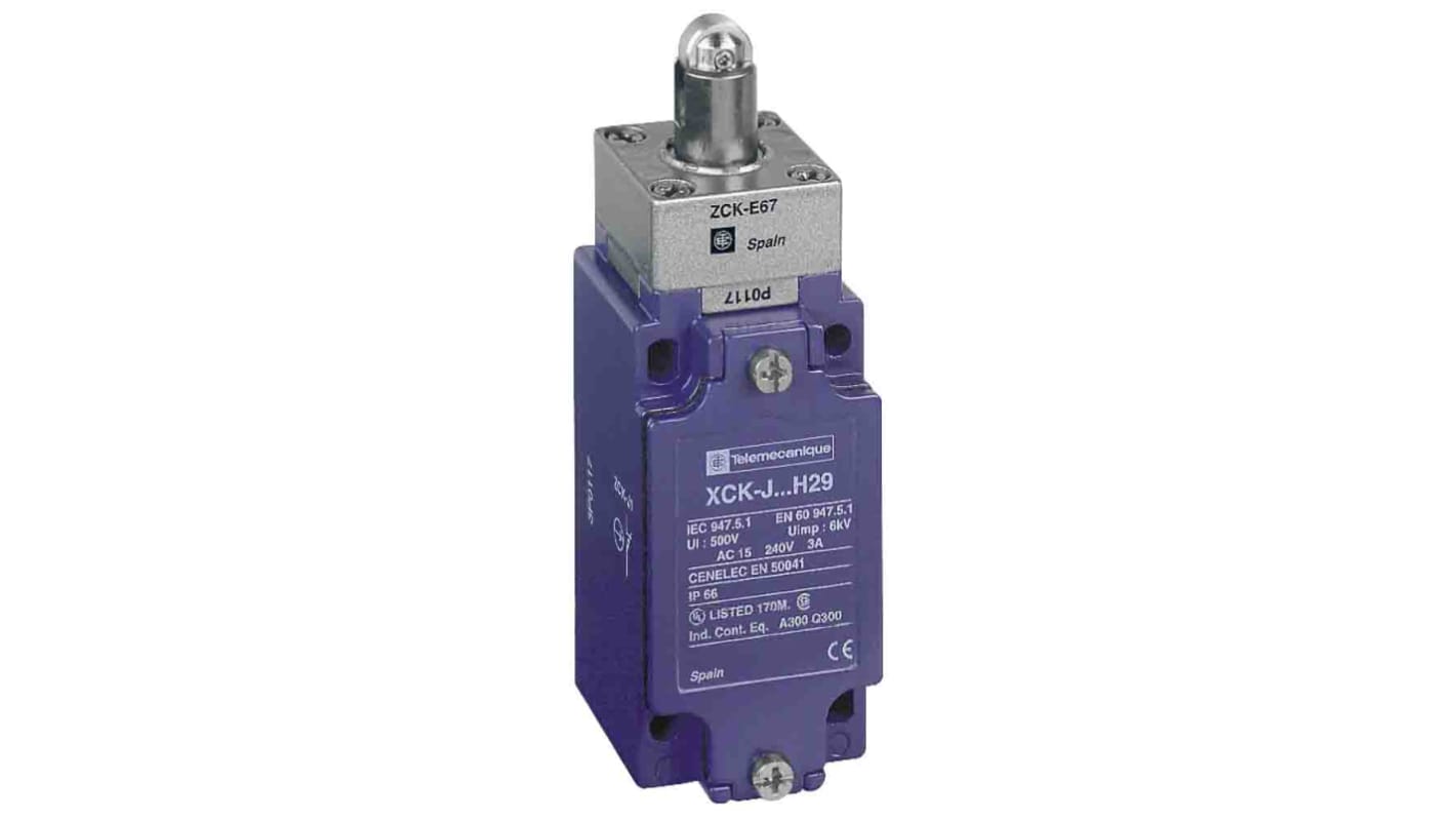 Telemecanique Sensors XCKJ Series Roller Plunger Limit Switch, 1NC/1NO, IP66, DP, Zinc Alloy Housing, 500V ac Max, 10A