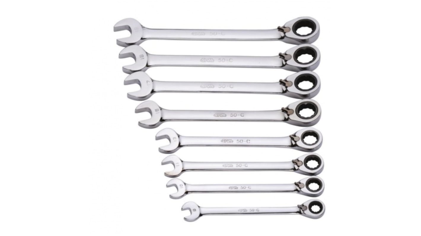 SAM 8-Piece Combination Ratchet Spanner Set, 8 → 19 mm
