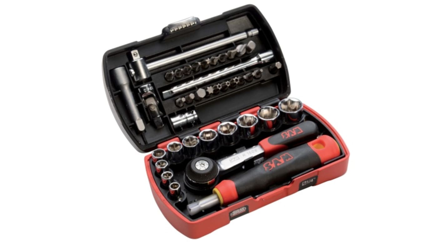 SAM 39-Piece Metric 1/4 in Standard Socket/Bit Set with Ratchet, 6 point; Hex Bit; Phillips Bit; Pozidriv Bit; Slotted