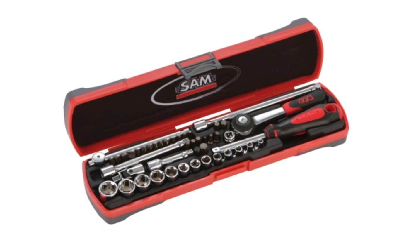 SAM 45-Piece Metric 1/4 in Standard Socket/Bit Set with Ratchet, 6 point; Hex Bit; Phillips Bit; Pozidriv Bit; Slotted