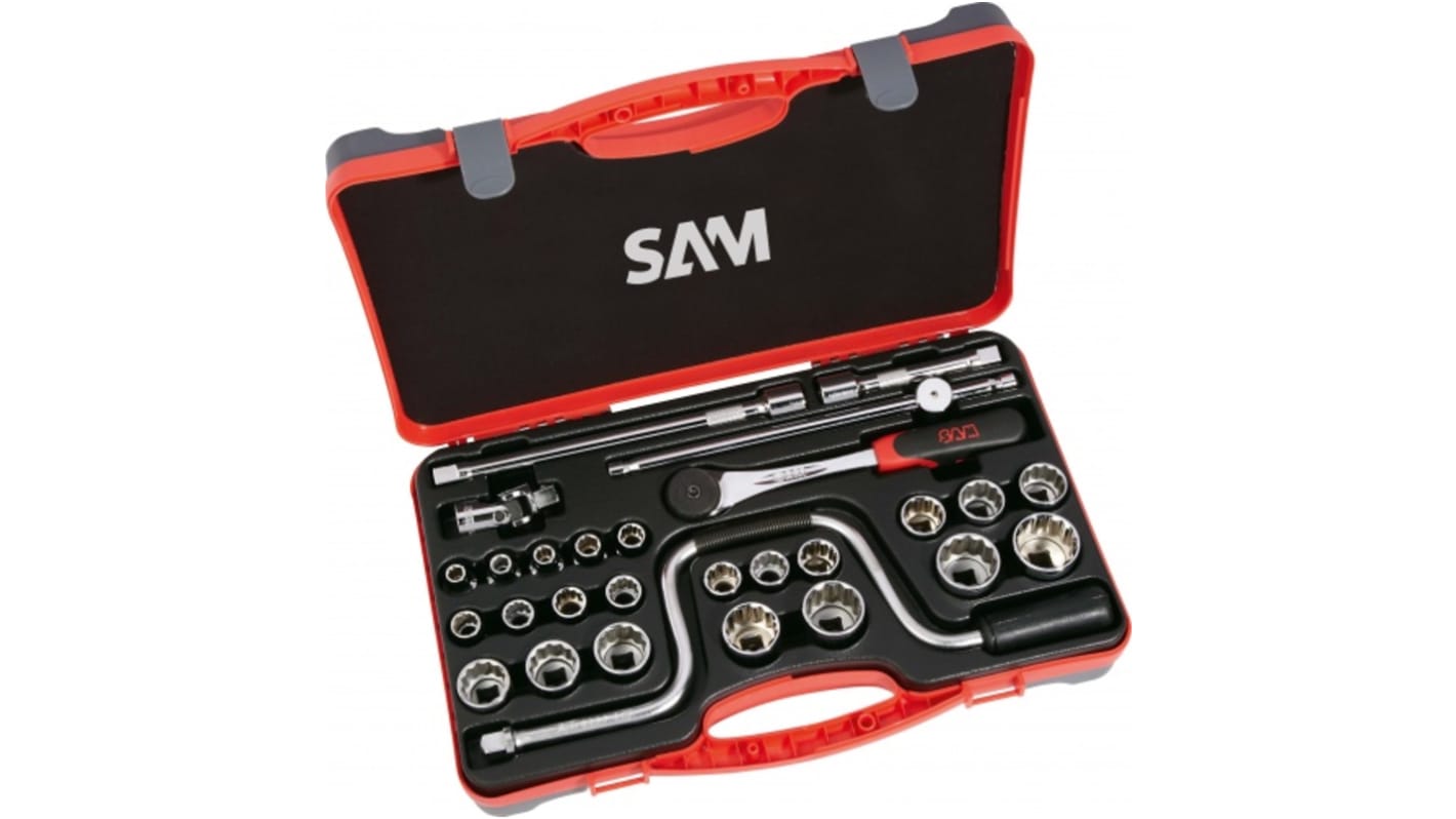 SAM 28-Piece Metric 1/2 in Standard Socket Set with Ratchet, 12 point