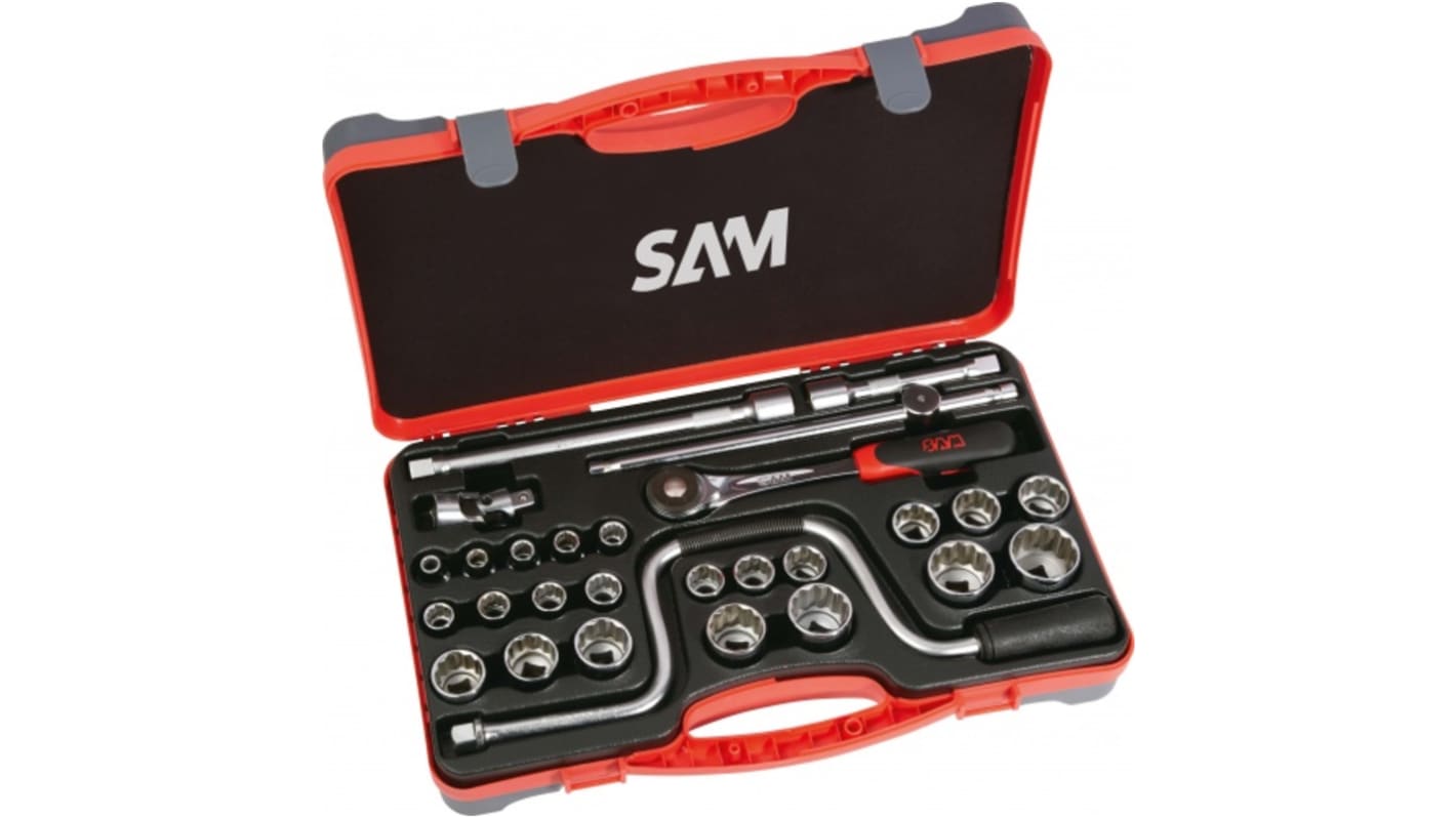 SAM 28-Piece Metric 1/2 in Standard Socket Set with Ratchet, 12 point