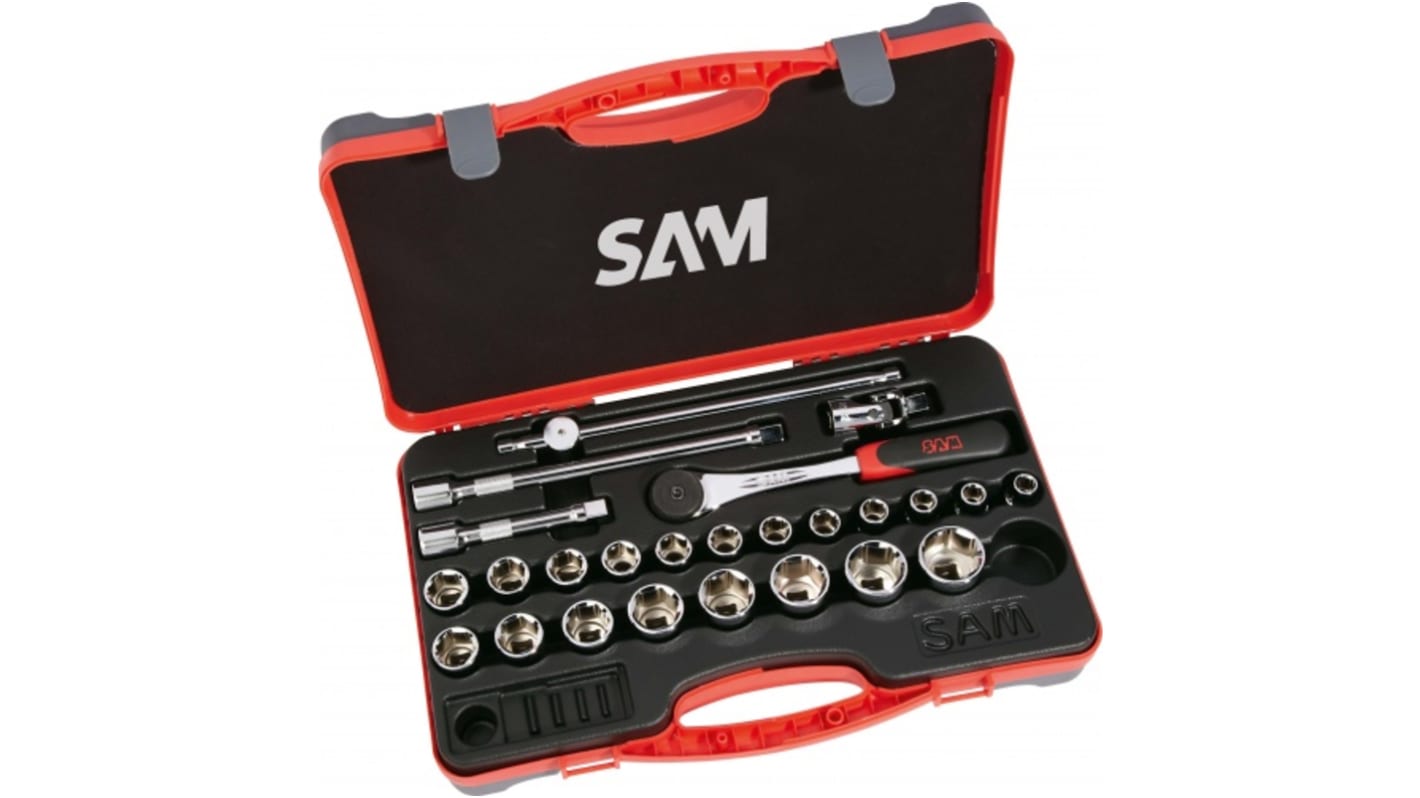 SAM 25-Piece Metric 1/2 in Standard Socket Set with Ratchet, 6 point