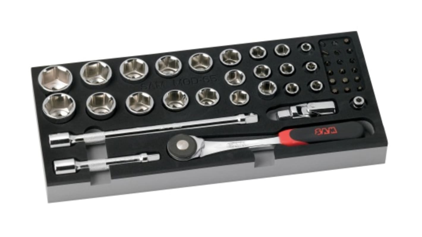 SAM 45-Piece Metric 1/2 in Standard Socket/Bit Set with Ratchet, 6 point; Hex Bit; Phillips Bit; Pozidriv Bit; Slotted