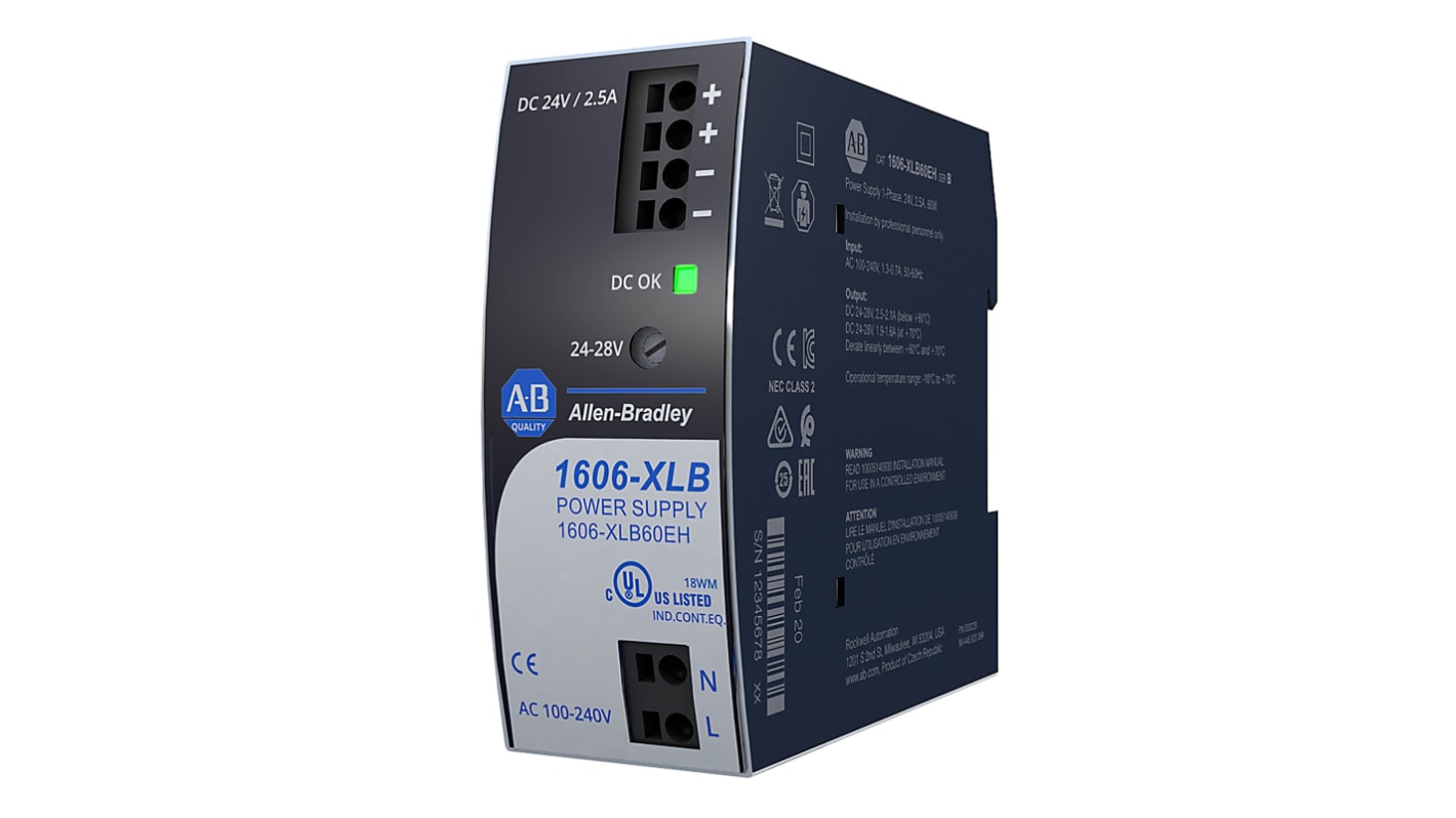 Allen Bradley 1606 Switched Mode DIN Rail Power Supply, 240V ac ac Input, 24V dc dc Output, 2.5A Output