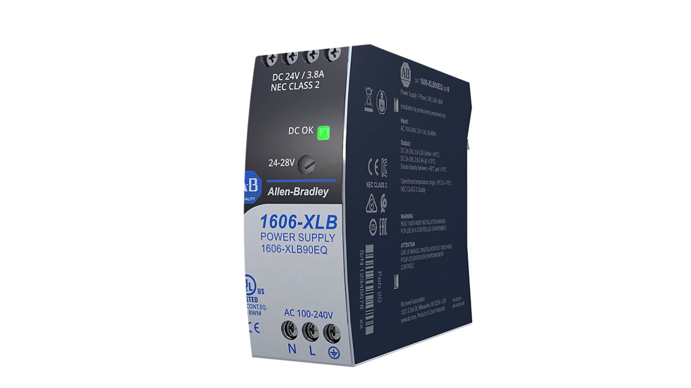 Allen Bradley 1606 Switched Mode DIN Rail Power Supply, 240V ac ac Input, 24V dc dc Output, 3.75 Output