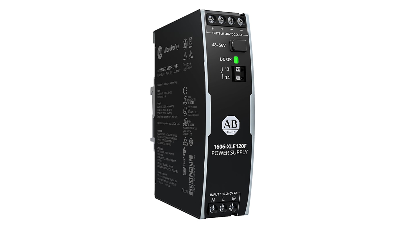 Allen Bradley DIN-sín tápellátás, 48V dc, 2.5A, BE: 100 → 240 V ac, 110 → 150 V dc