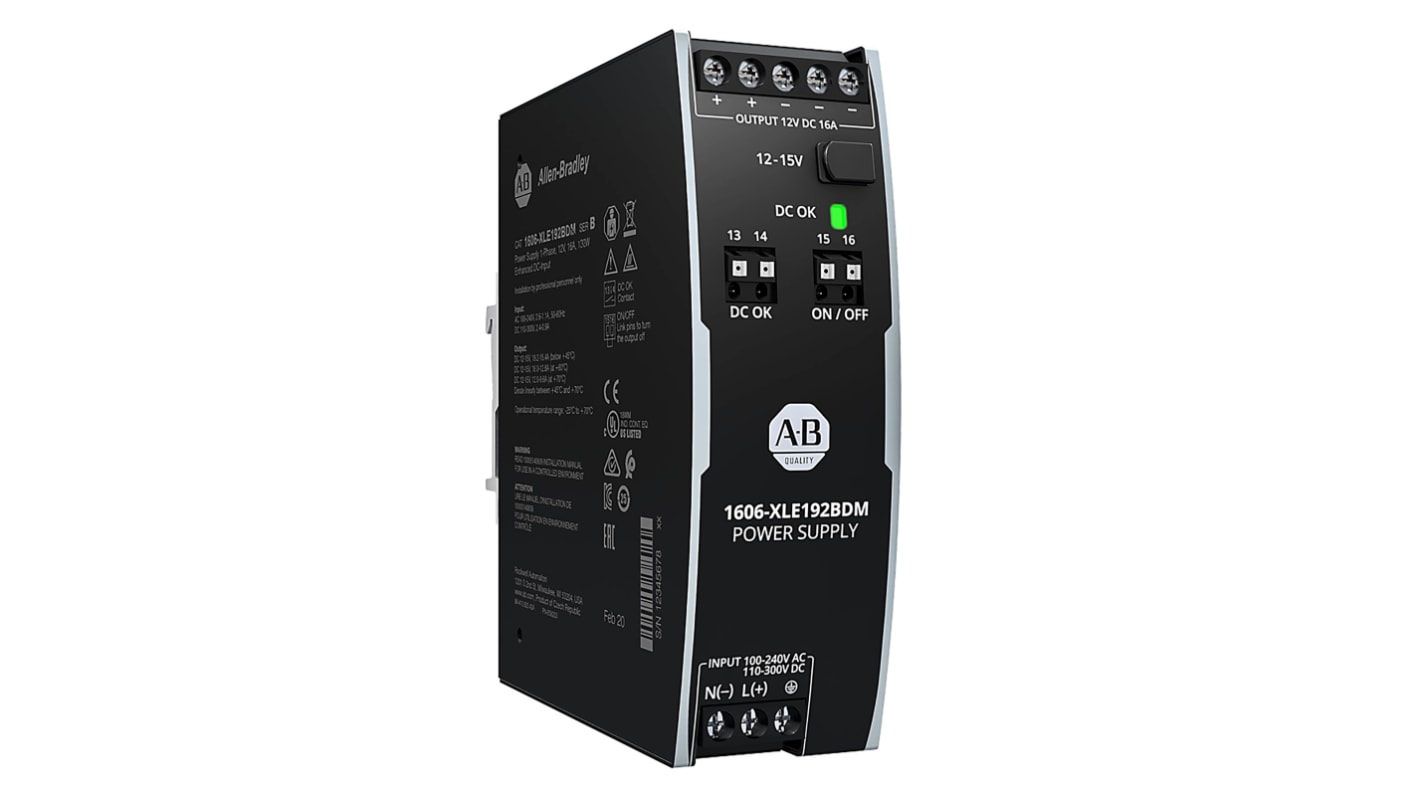 Allen Bradley 1606 Switched Mode DIN Rail Power Supply, 240V ac ac Input, 12V dc dc Output, 16A Output
