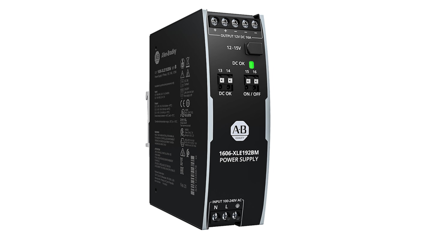 Allen Bradley 1606 Switched Mode DIN Rail Power Supply, 240V ac ac Input, 12V dc dc Output, 16A Output