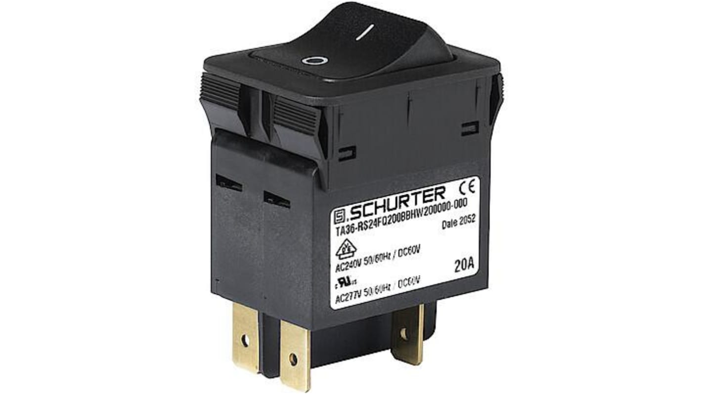 Schurter TA36 Rocker Circuit Breaker - TA36  Single Pole 32 V dc, 277 V ac Voltage Rating, 5A Current Rating