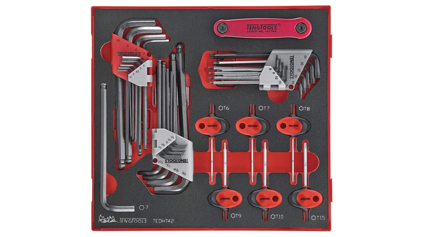Teng Tools L形球头内六角扳手套装, 英制, 公制, 1.5 → 10 mm, 5/64 → 3/8", T6 → T40规格