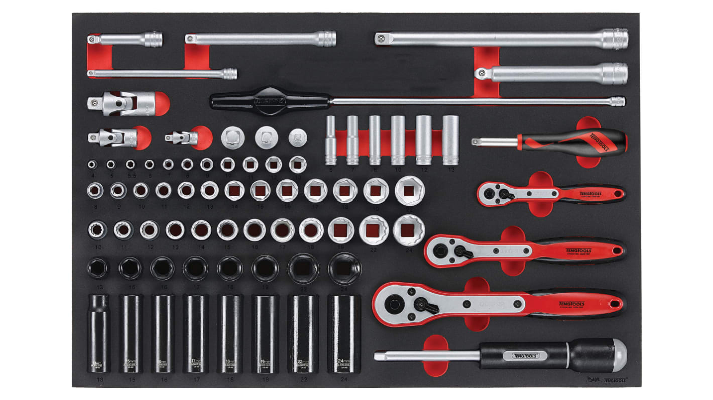 Teng Tools 77-Piece Metric 1/2 in; 1/4 in; 3/8 in Deep Socket/Standard Socket Set with Ratchet, 6 point; 12 point
