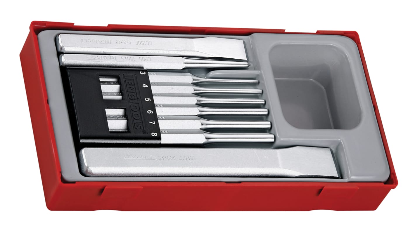 Teng Tools 圆柱销冲头套件, 10 mm ， 19 mm ， 25 mm柄部直径, 200 mm总长, 60°点角, 9件套