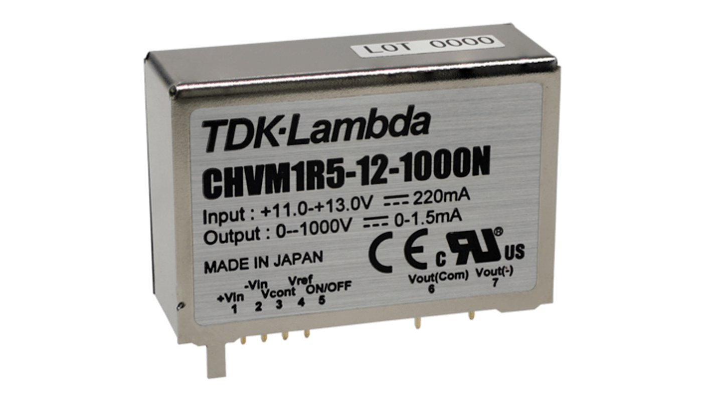 TDK-Lambda CHVM DC-DC Converter, 0 → 1000V dc/ 1.5mA Output, 11.0 → 13.0 V dc Input, 1.5W, Through Hole,